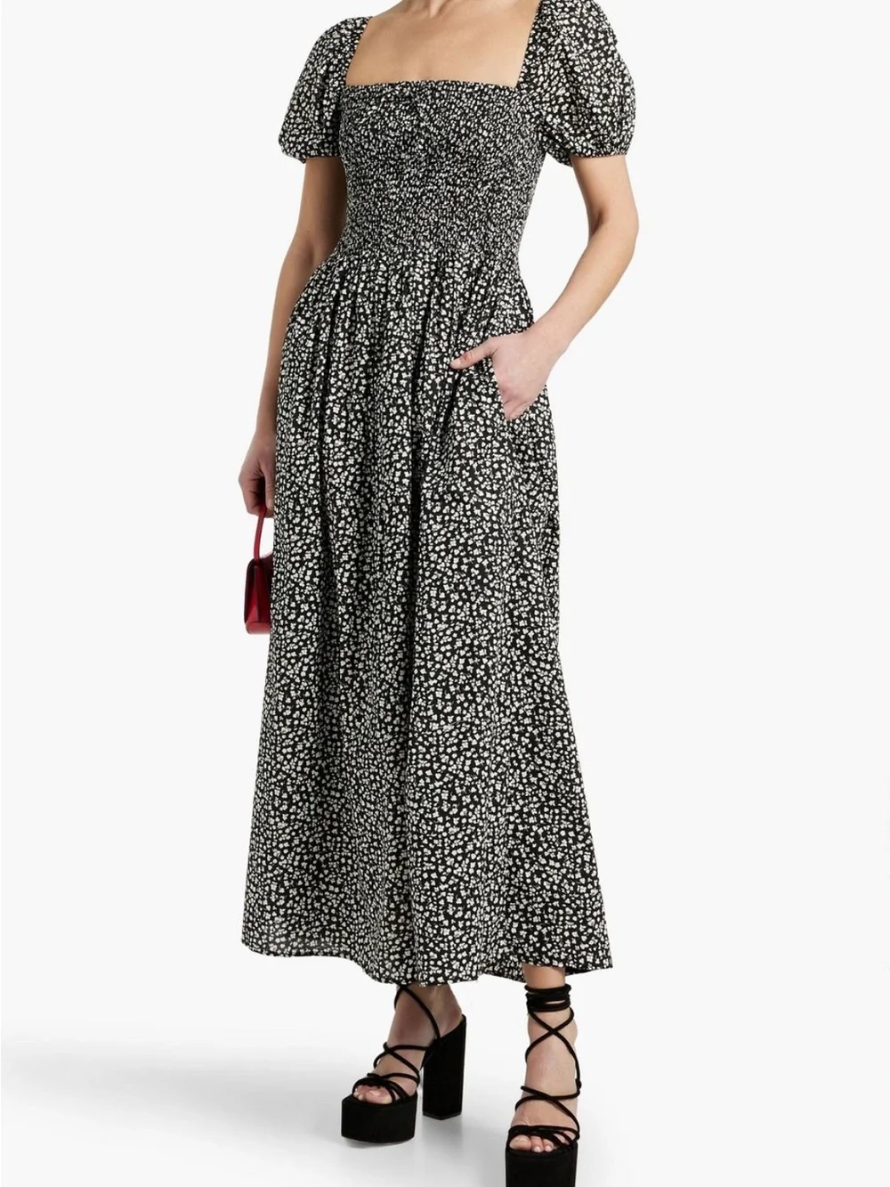 Solid & Striped Smocked Puff-Sleeve Maxi Dress in Black Floral NWT - Picture 2 of 10